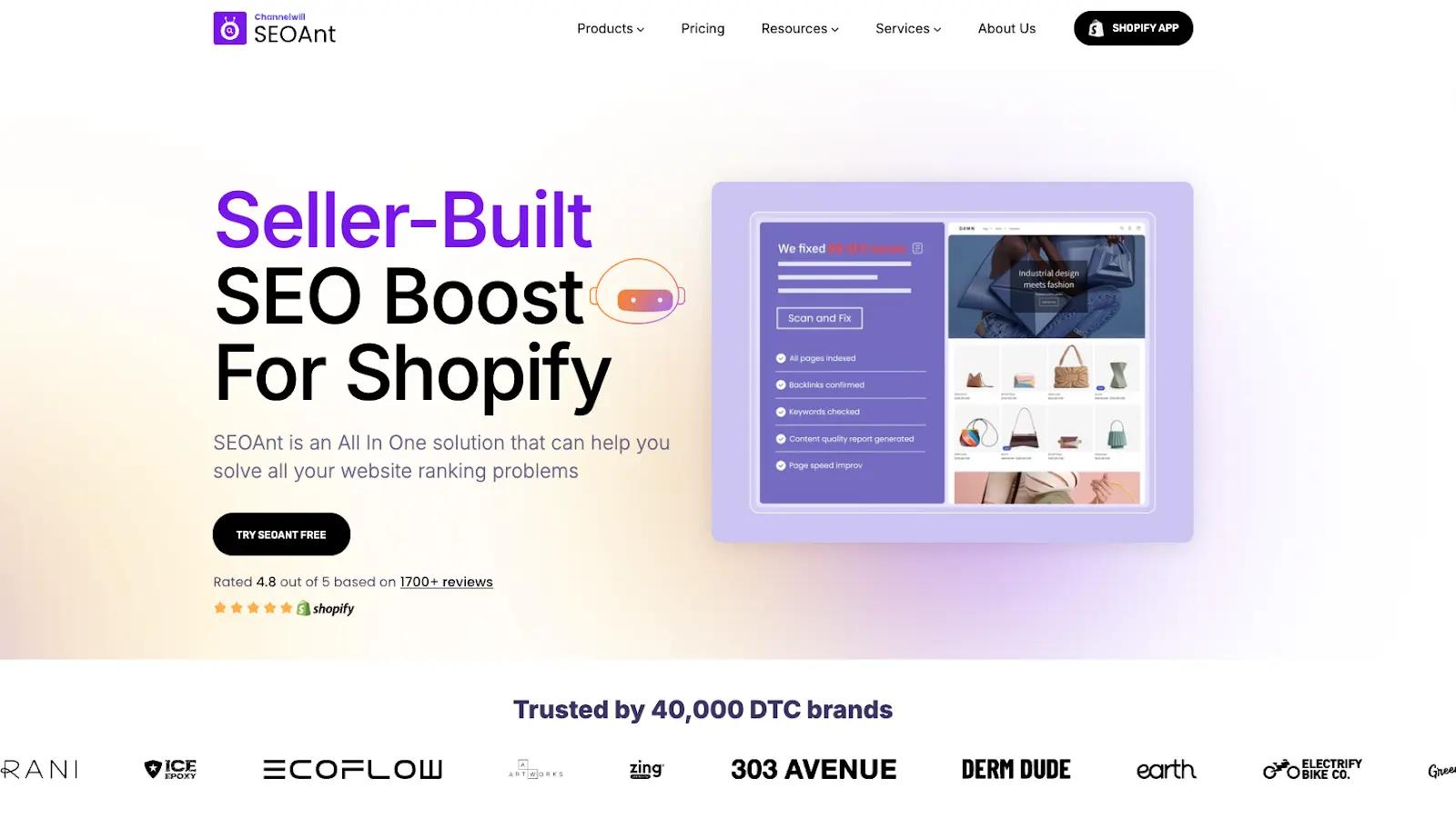 a screenshot of SEOAnt homepage