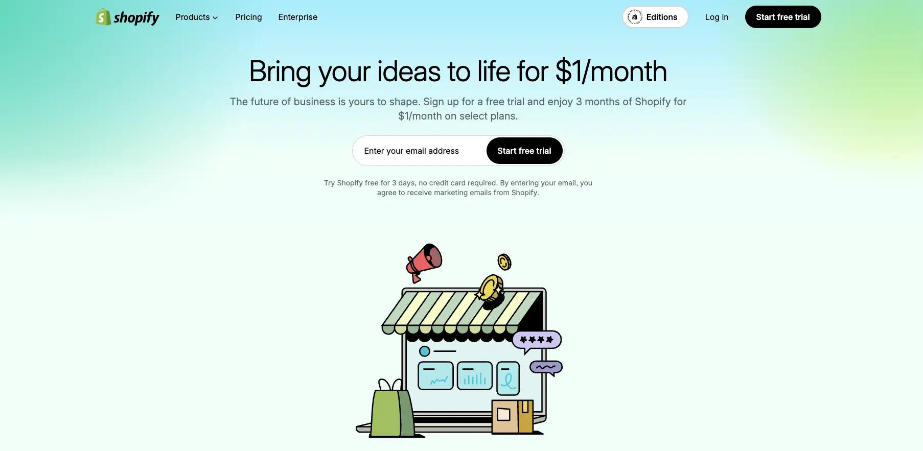 a screenshot of Shopify start free trial for dropshippers who want to open a store