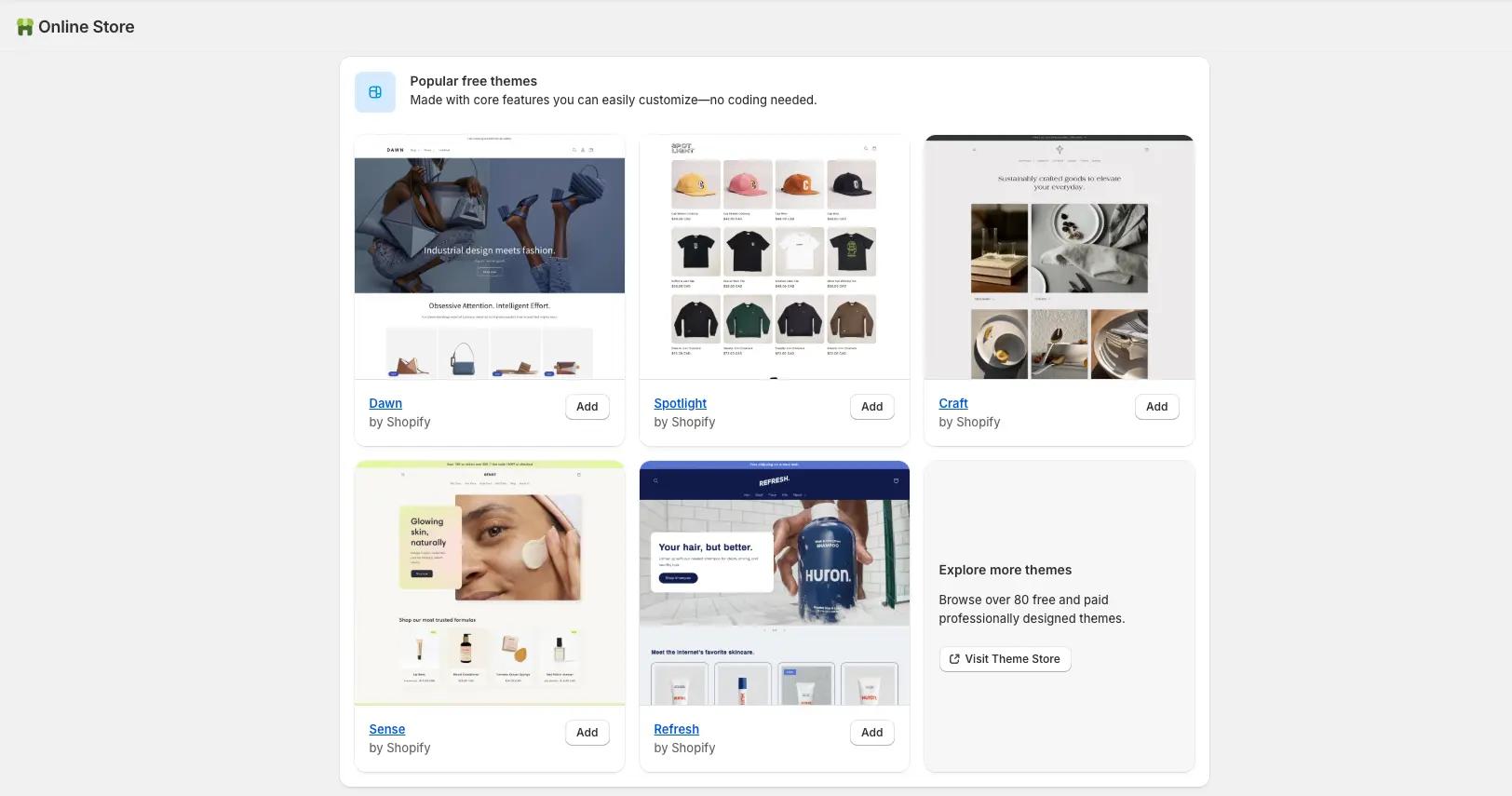 A screenshot of Shopify’s free theme library showing popular options like Dawn, Spotlight, Craft, Sense, and Refresh - ideal for beginners seeking clean, customizable, mobile-friendly store designs.