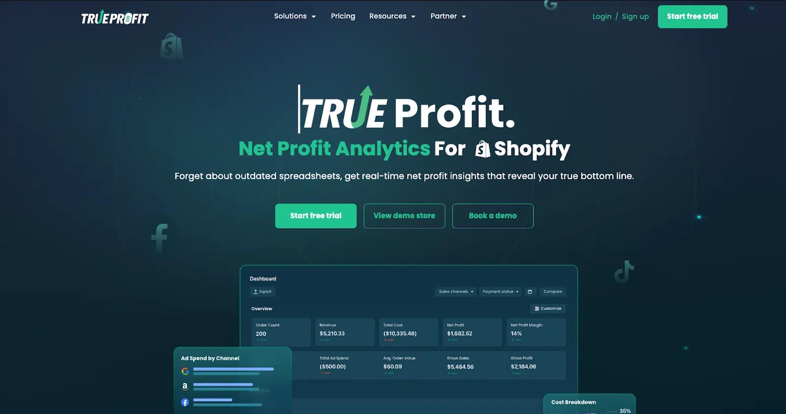 a screenshot of TrueProfit homepage