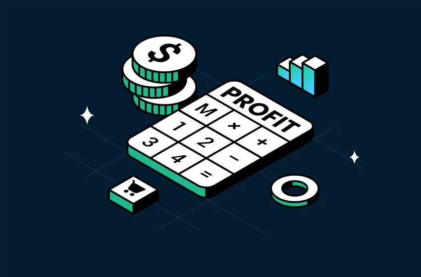 Calculator, profit chart, and dollar sign visualizing how to calculate profit in business ecommerce edition - by TrueProfit