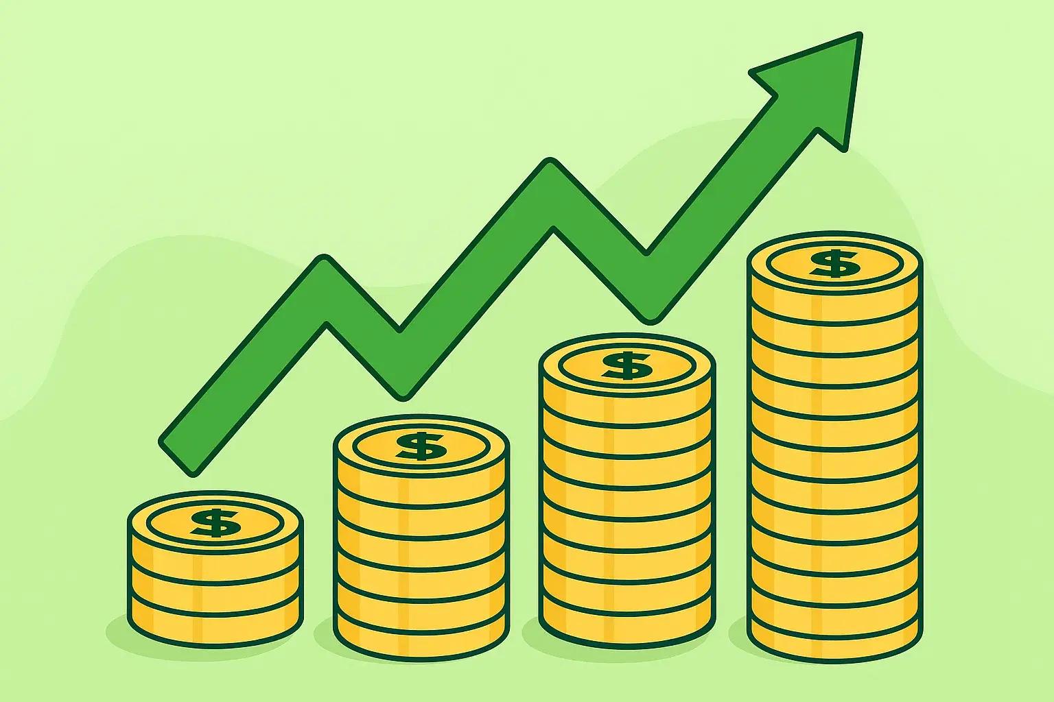 Stacked gold coins with a rising green arrow symbolizing strategies to increase profit margins in 2025