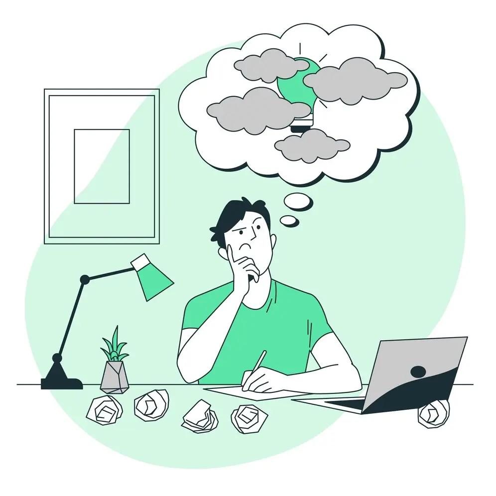 Illustration of a person thinking deeply at their desk, symbolizing the challenge of making profit-based decisions in ecommerce.