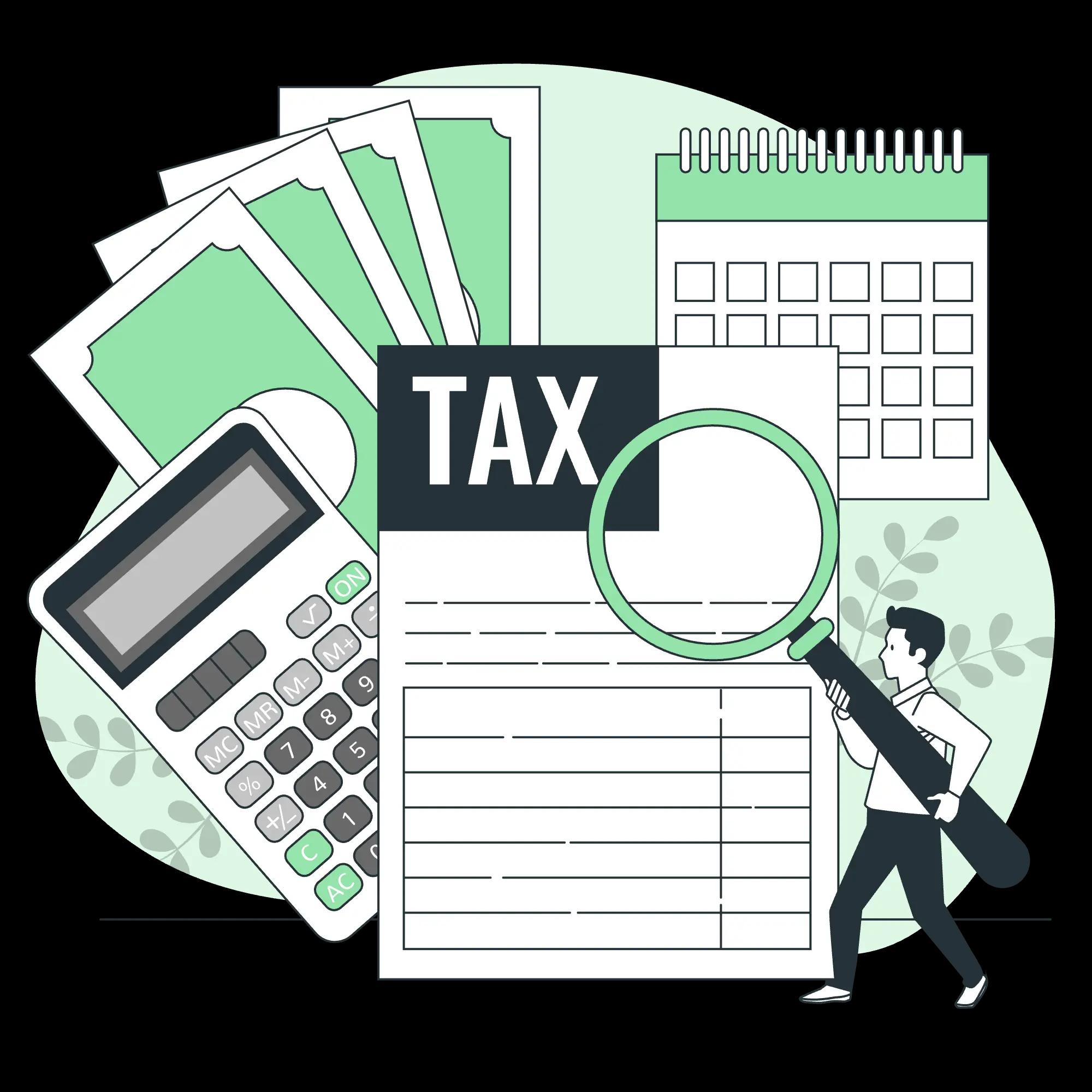 Illustration of a tax document, calculator, money, and a magnifying glass, representing strategies for protecting e-commerce profits under tariffs and changing trade policies.