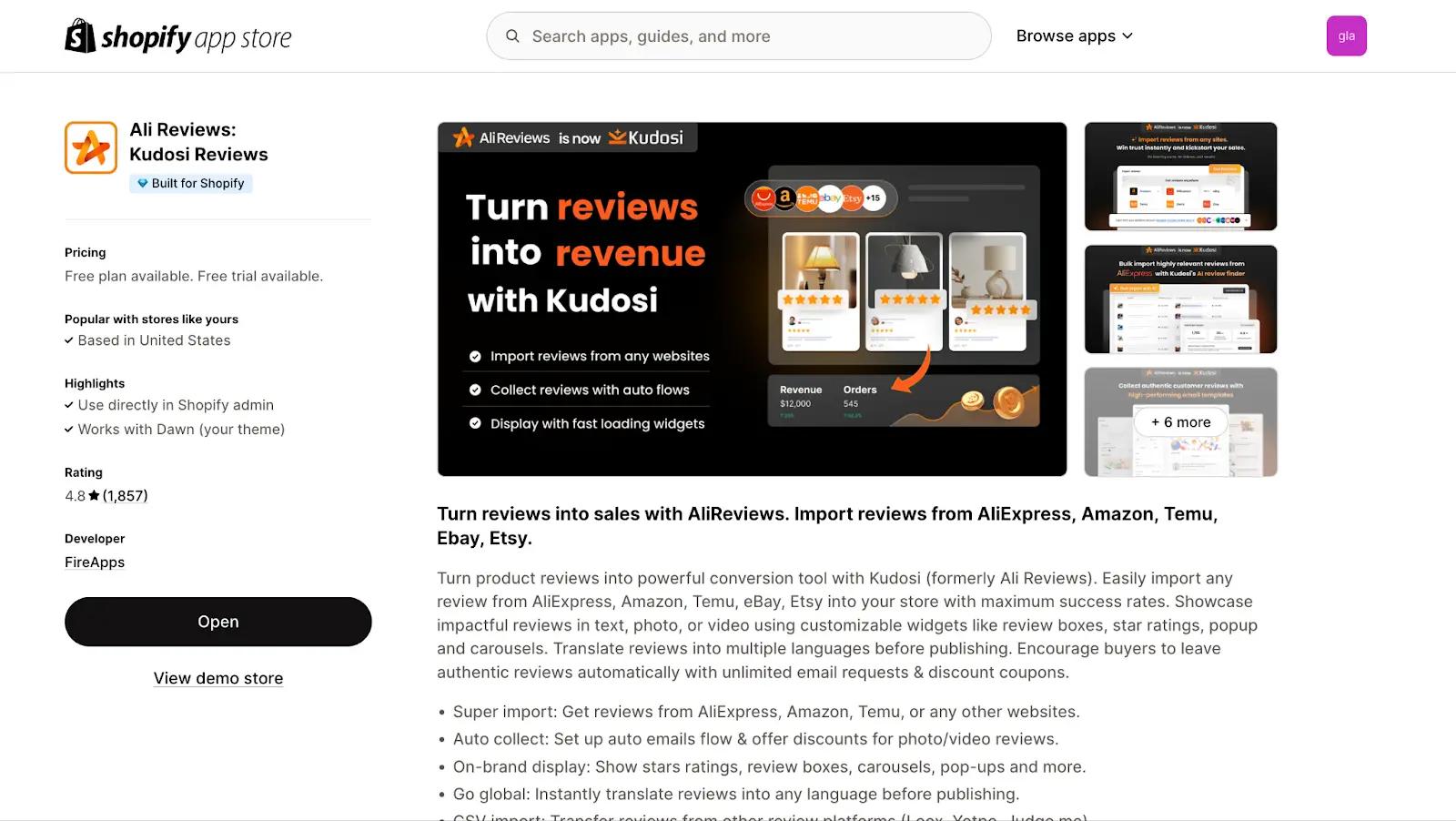 a screenshot of Kudosi's Shopify App Listing