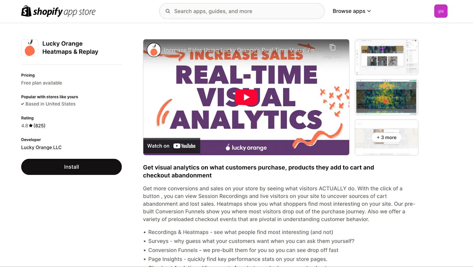 A screenshot of Lucky Orange's Shopify App Listing