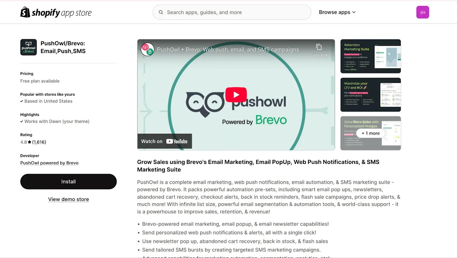 A screenshot of PushOwl's Shopify App Listing
