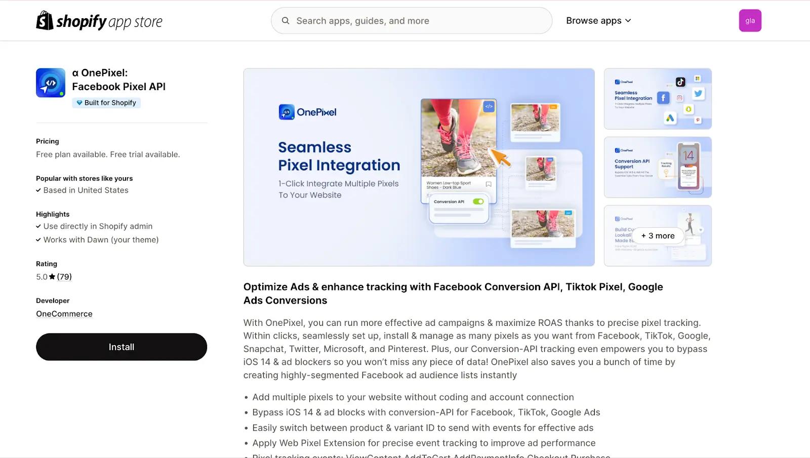 A screenshot of OnePixel's Shopify App Listing