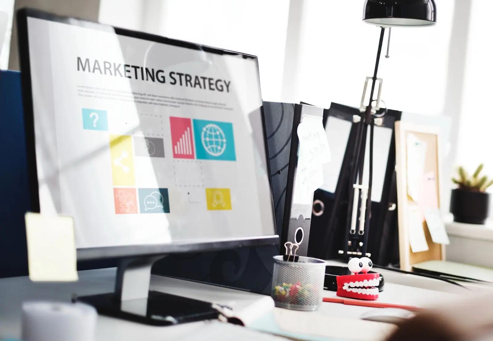 a picture of marketing strategy on the screen to show the importance of it in ecommerce