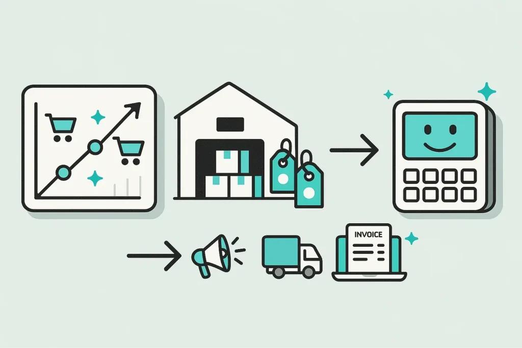 Visual breakdown of a P&amp;L report showing sales growth, product costs, operating expenses, and final net profit via a smiling calculator icon