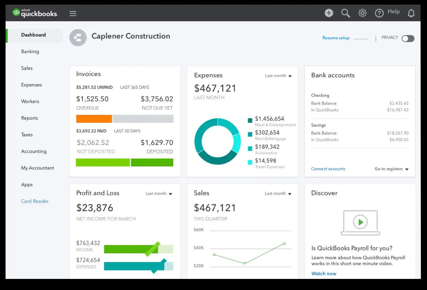 QuickBooks dashboard showing financial overview including unpaid invoices, expenses, sales, and bank account balances.
