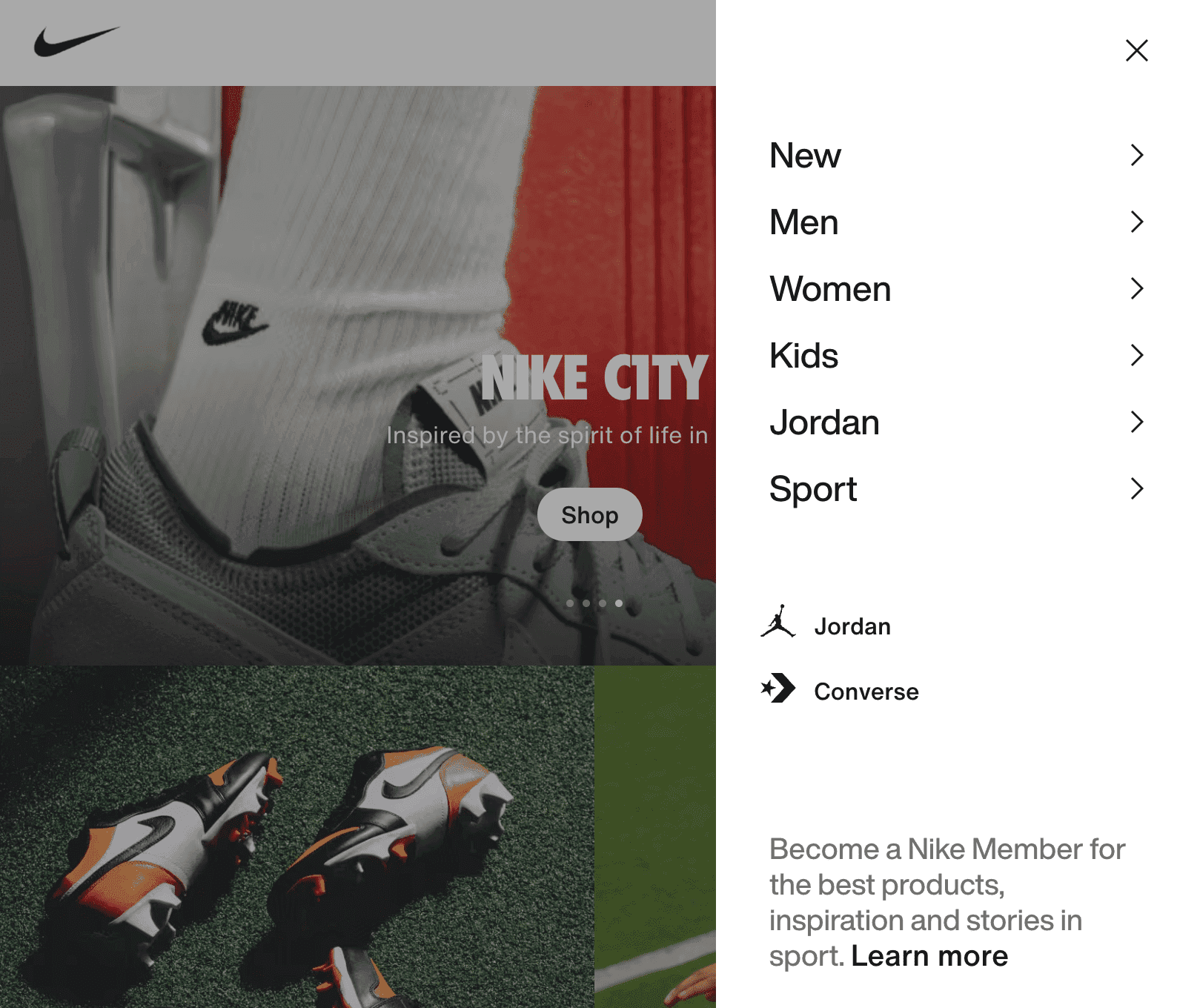 Nike website - Example of using Clickable Buttons &amp; Arrows