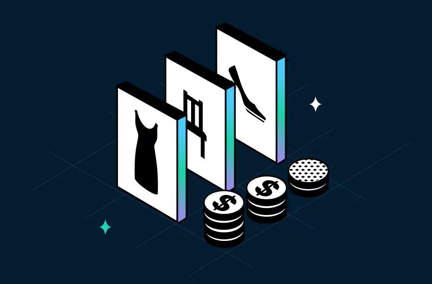 Illustration of product icons including dress, chair, and shoe with coin stacks, representing how to calculate profit margin on a product: a simple guide - by TrueProfit