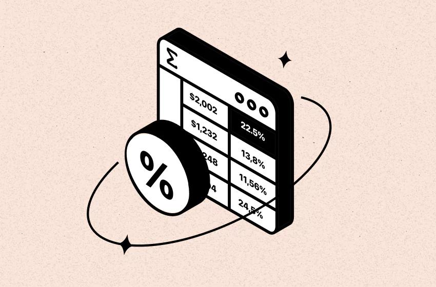 Spreadsheet, percentage sign, and calculator for how to use profit margin formula in Google Sheets - by TrueProfit