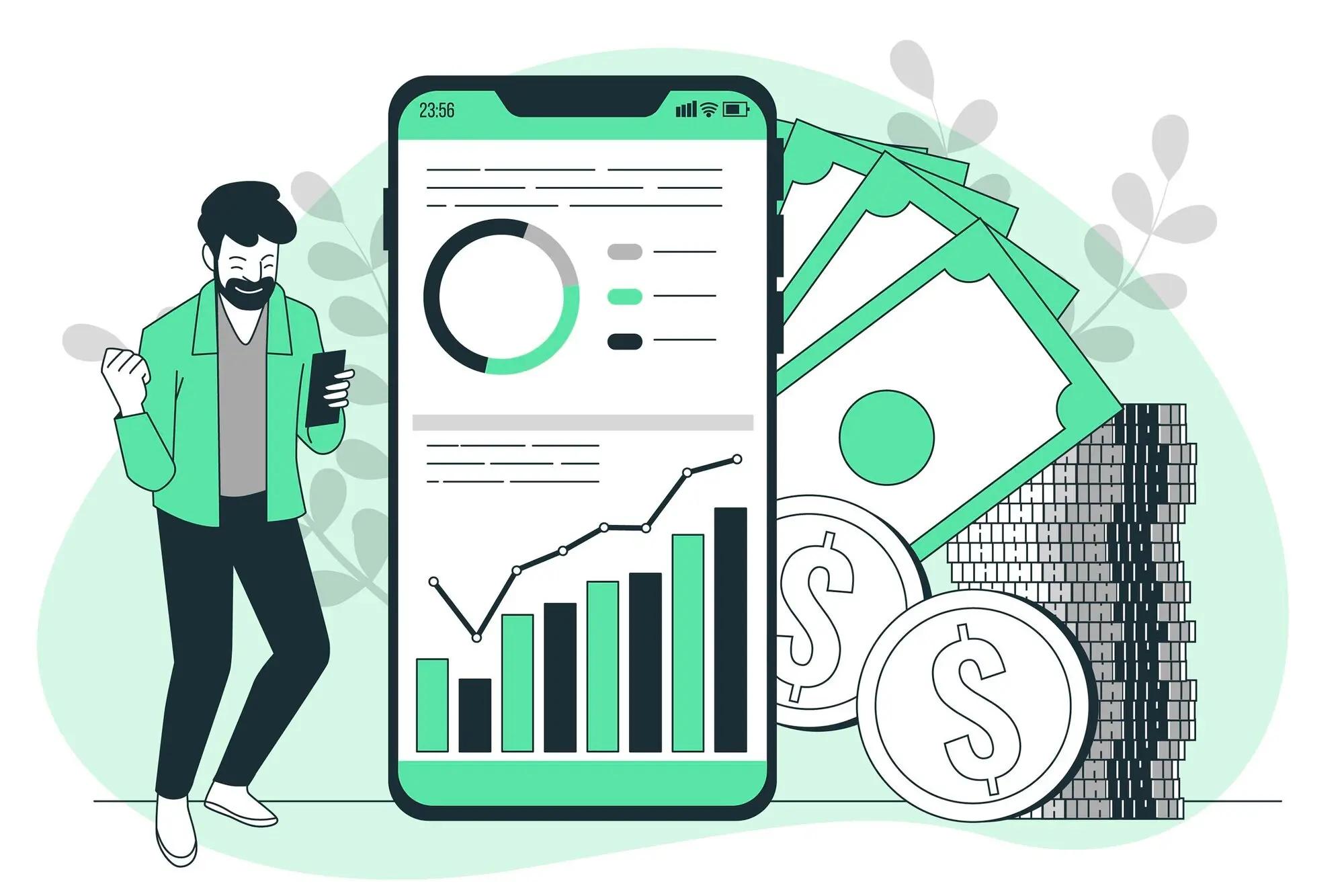 Illustration of a happy man viewing profit charts on a smartphone, surrounded by money and coins, symbolizing profit optimization through smart business decisions.