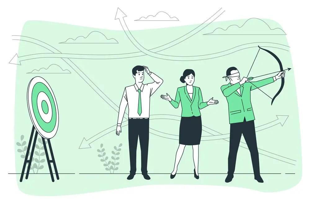 Illustration of a blindfolded person aiming a bow at a target while others look confused, symbolizing the risk of scaling or pricing products without understanding unit profit and margin in ecommerce.