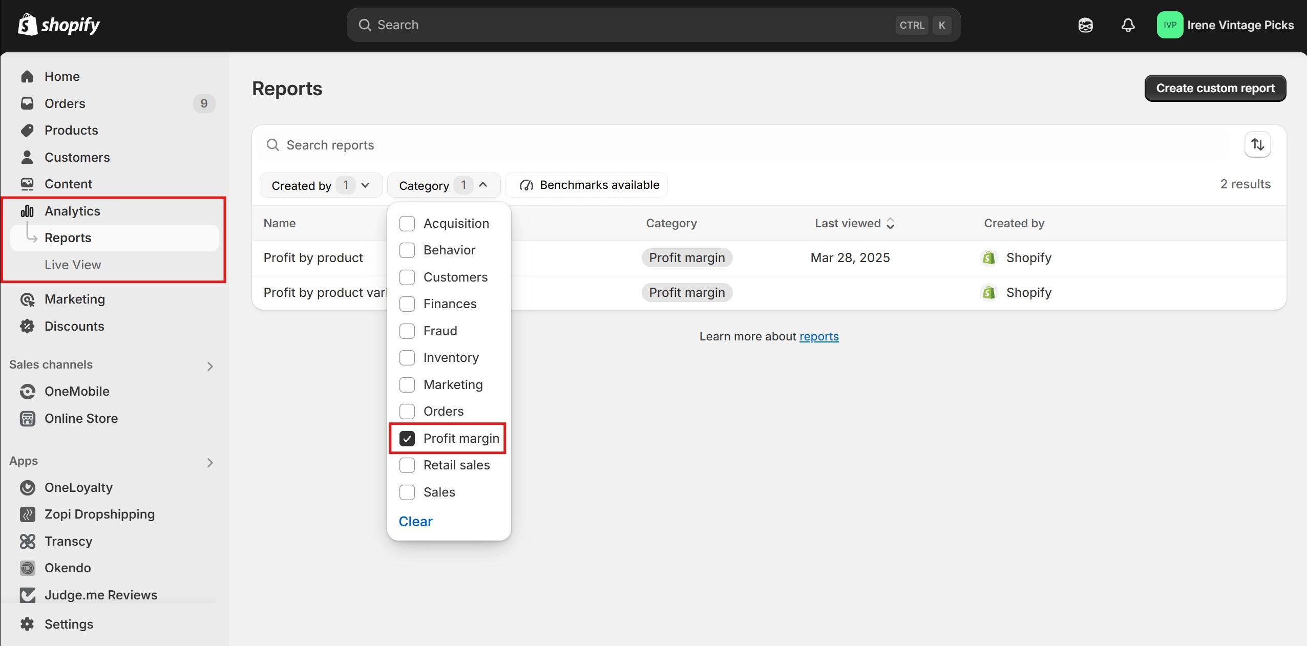 shopify profit margin built in reports