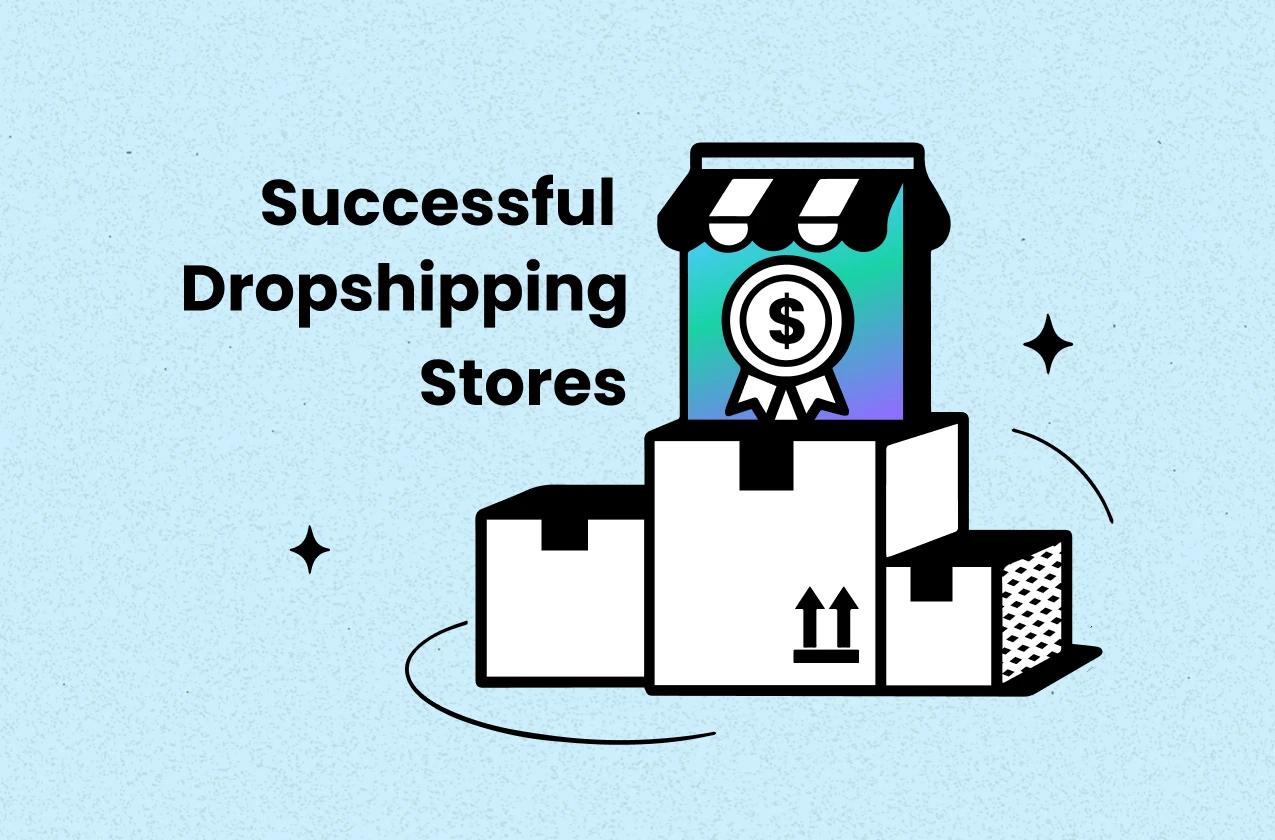 Illustration of successful dropshipping stores with shipping boxes and storefront