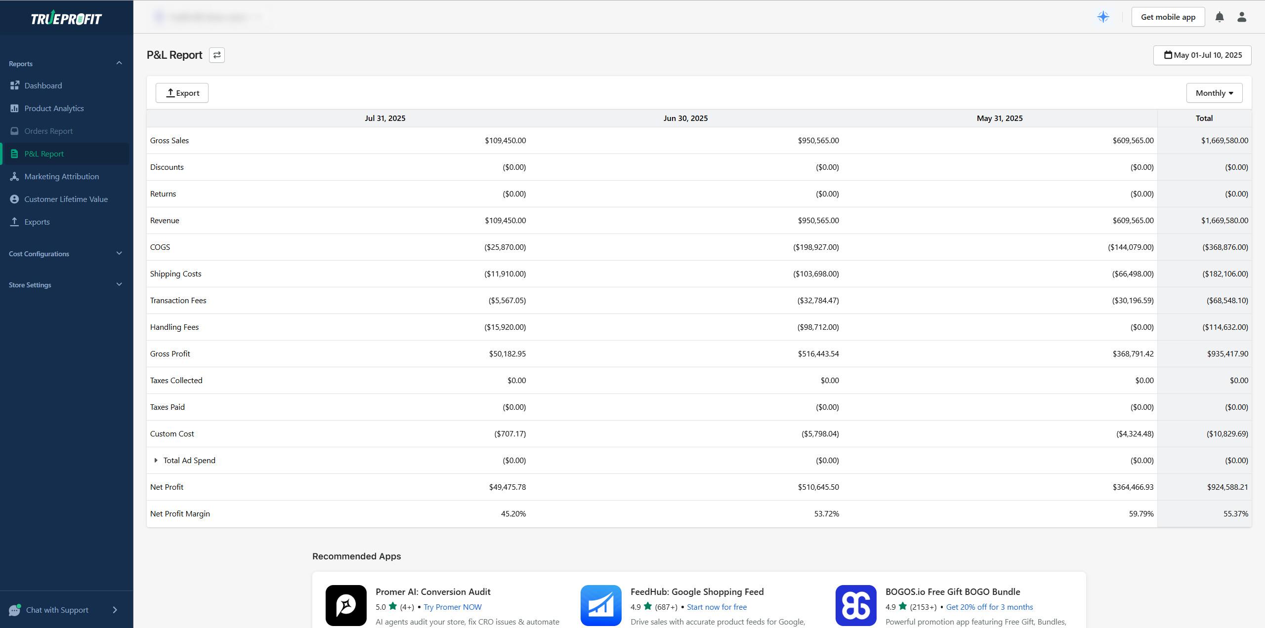 TrueProfit automated P&amp;L report feature screenshot showing how the app generates professional profit and loss statements with detailed cost breakdowns, net profit calculations, and exportable financial reports for Shopify business accounting